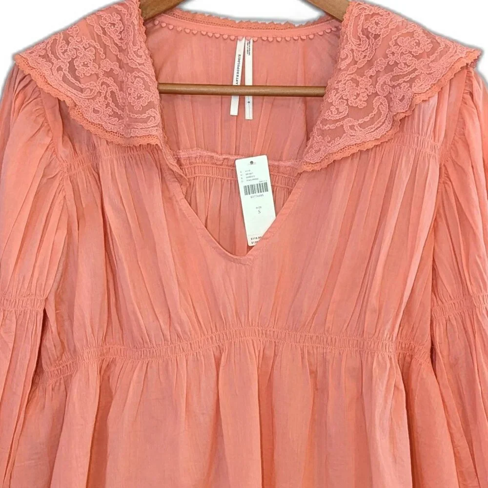NWT Anthropologie | Bright Coral Pink Collared Babydoll Blouse | Size Small